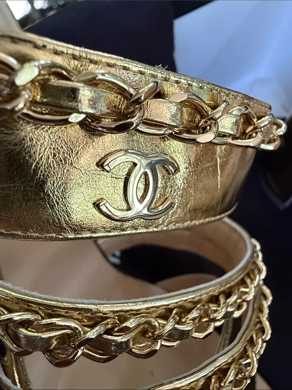 CHANEL Gold Chain-Trim High Block Heel Mules
